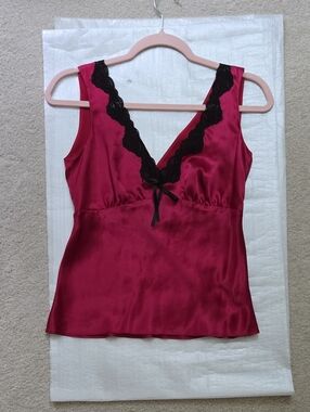 Kenneth Cole New York Red Satin Chemise with Black Lace Trim